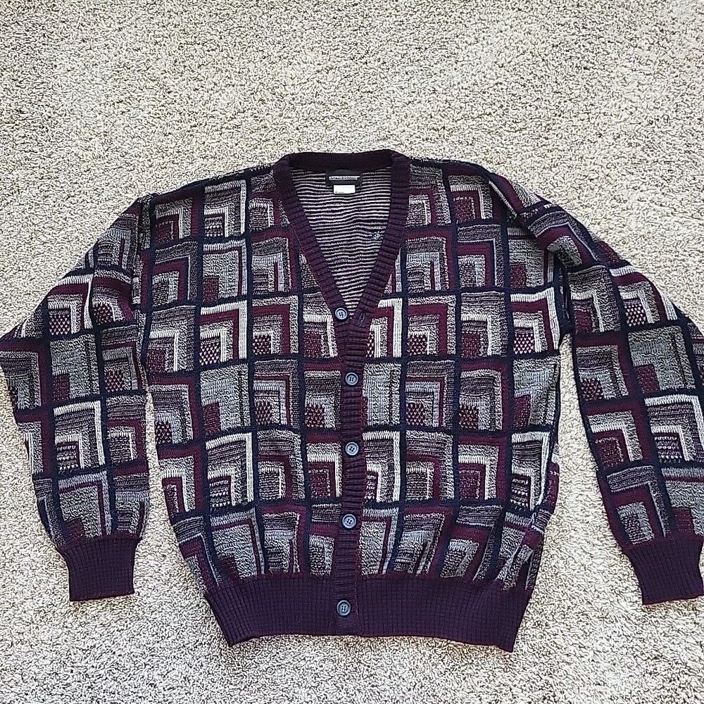 VINTAGE 80s Expressions Multicolor Geometric Knit Cardigan Sweater Abstract M